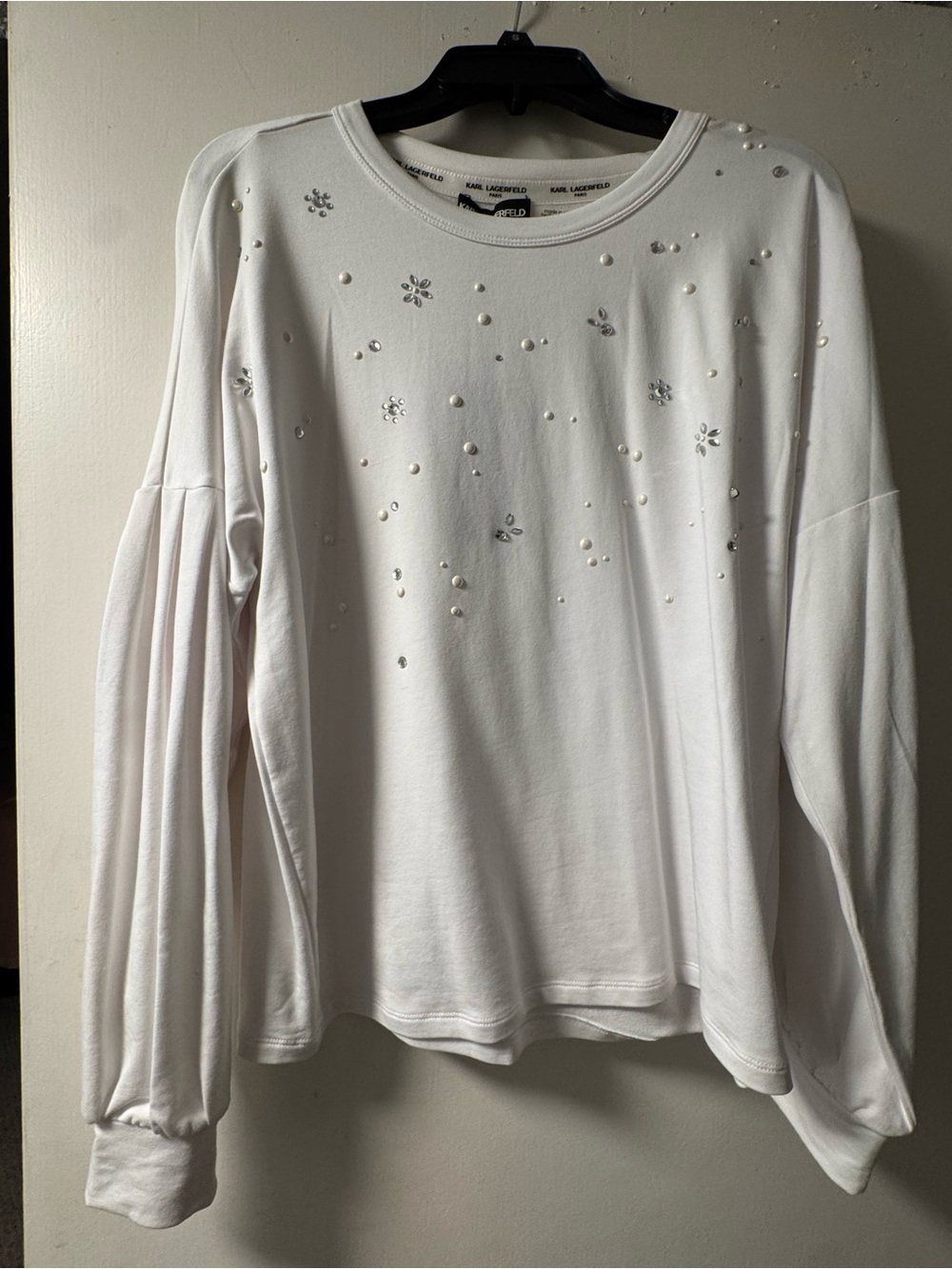 Karl Lagerfeld White Pearl & Rhinestone Embellished Pullover
